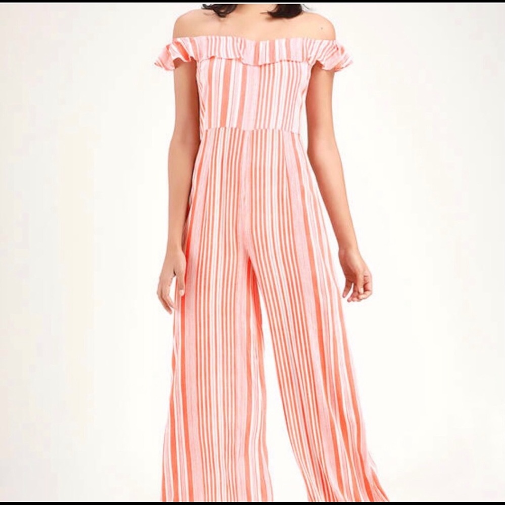 Lulus Cora Lee Orange Striped Off-the-Shoulder Jumpsuit